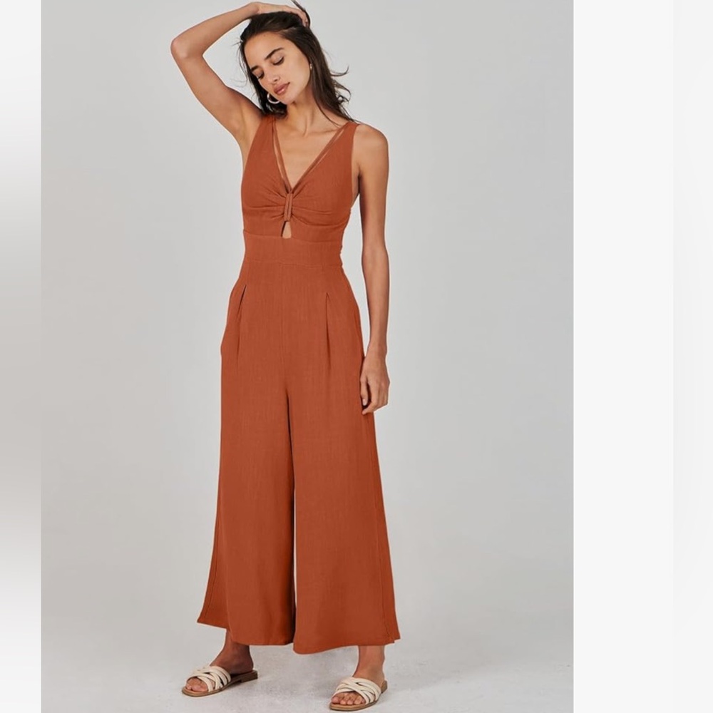 Anrabess Women's Brick Red Orange Jumpsuit Wide Leg Sleeveless Linen Romper - Picture 3 of 15